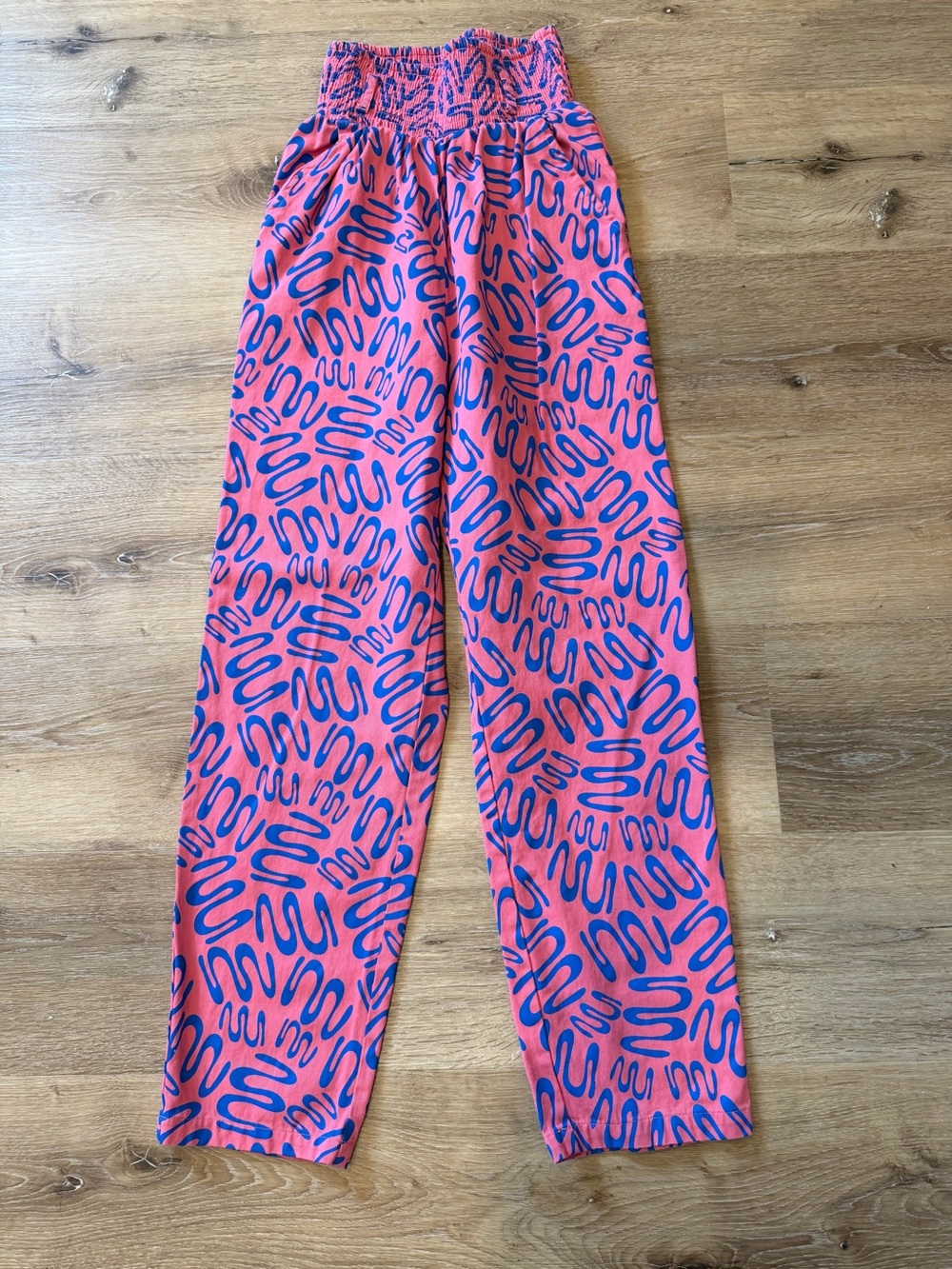 Lucy & Yak Pink Straight Leg Pants with Blue Abstract Print